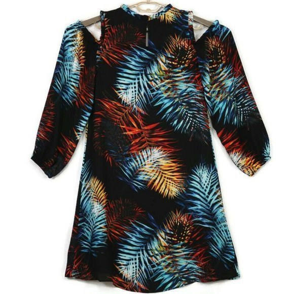 Worthington Cold Shoulder Dress Black Blue Orange Red Hawaiian Palm Floral 8 - Picture 2 of 12